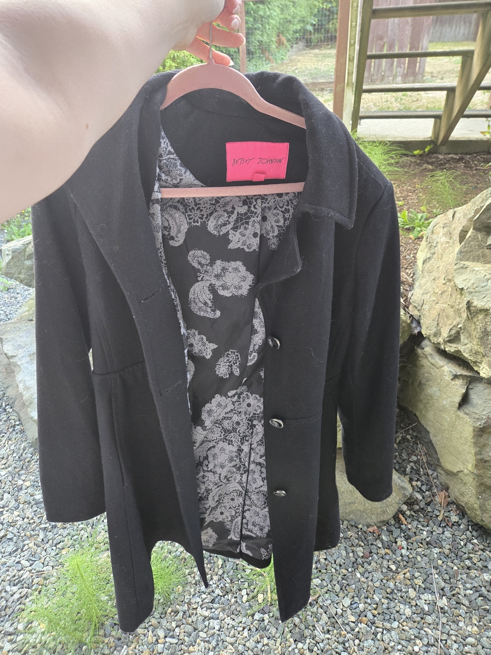 Betsey Johnson Black Pea coat Coat with Printed Lining